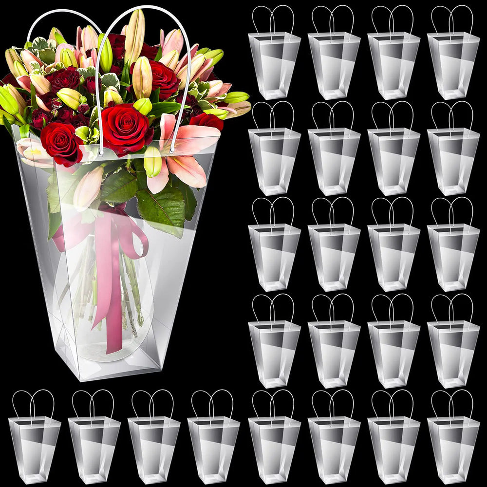 Floral Bags Large Clear Flower Bouquet Bag with Handle Transparent Florist Gift Bags Packaging Plastic Gift Bags for Birthday Christmas Valentine Mothers Day Wedding 11.4 x 5.9 x 16.7 Inch(24 Pcs)