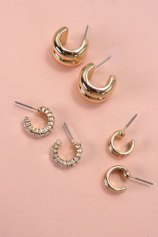 BAGUETTE STONE DOUBLE HOOP HUGGIE TRIO EARRINGS