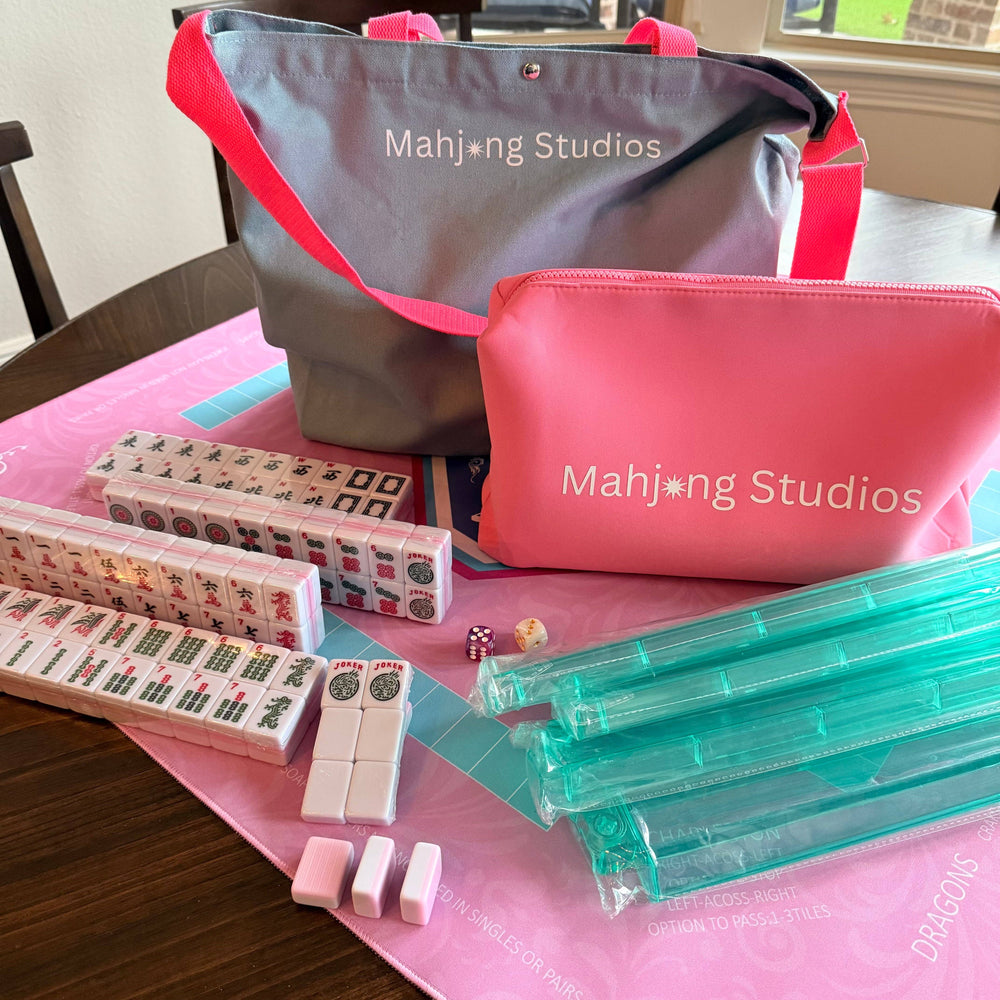 All In One - Mahjong Bundle - American Mahjong Set 166 2-Color Tiles - Pink Tiles and Mat