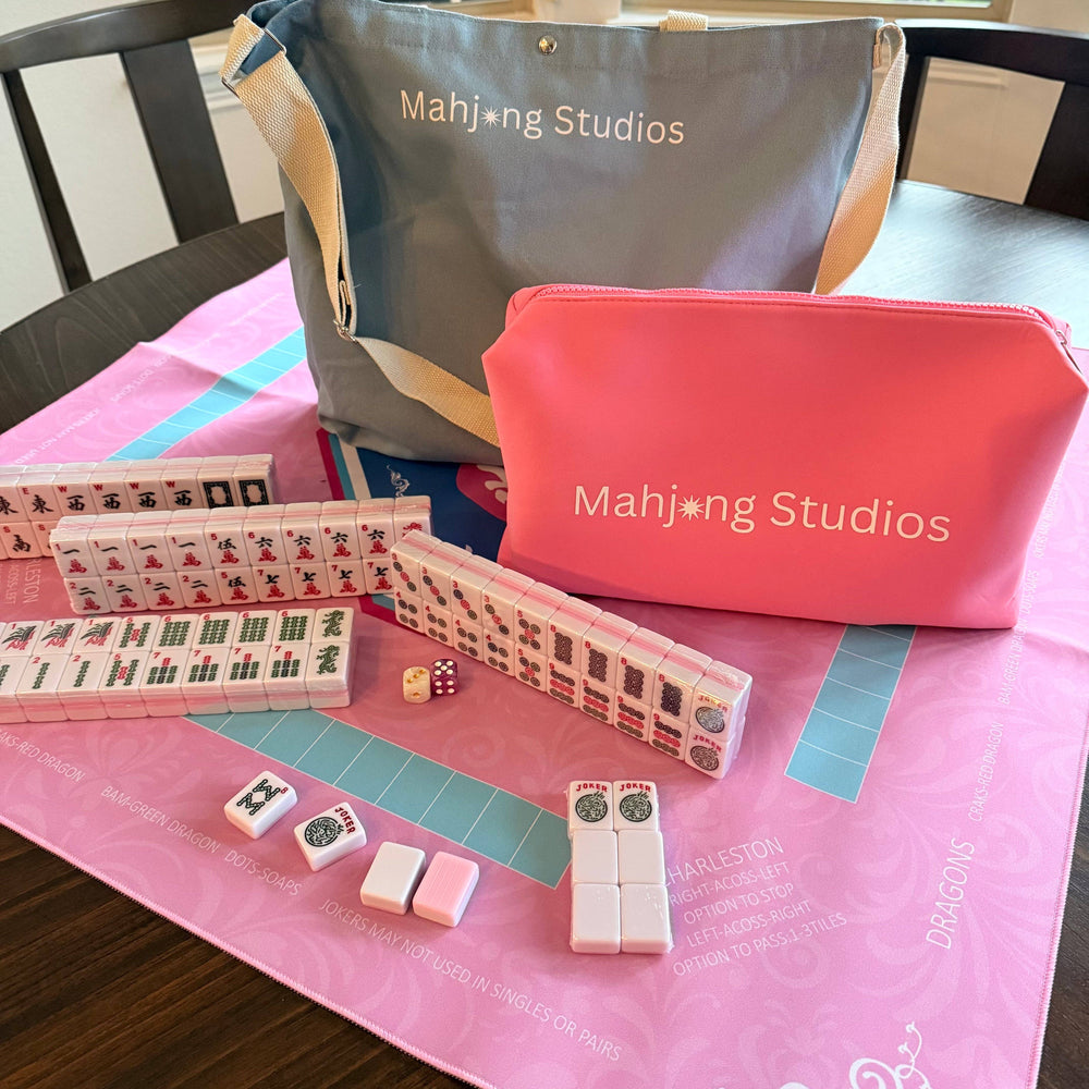 All In One - Mahjong Bundle - American Mahjong Set 166 Tiles - Blue & Tan Bag Pink Mat 2-color Pink Tiles