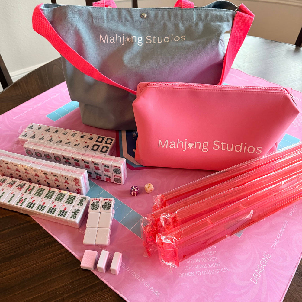 All In One - Mahjong Bundle - American Mahjong Set 166 2-Color Tiles - Pink Tiles and Mat