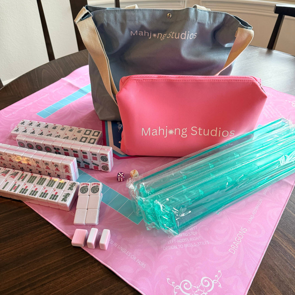 All In One - Mahjong Bundle - American Mahjong Set 166 Tiles - Blue & Tan Bag Pink Mat 2-color Pink Tiles