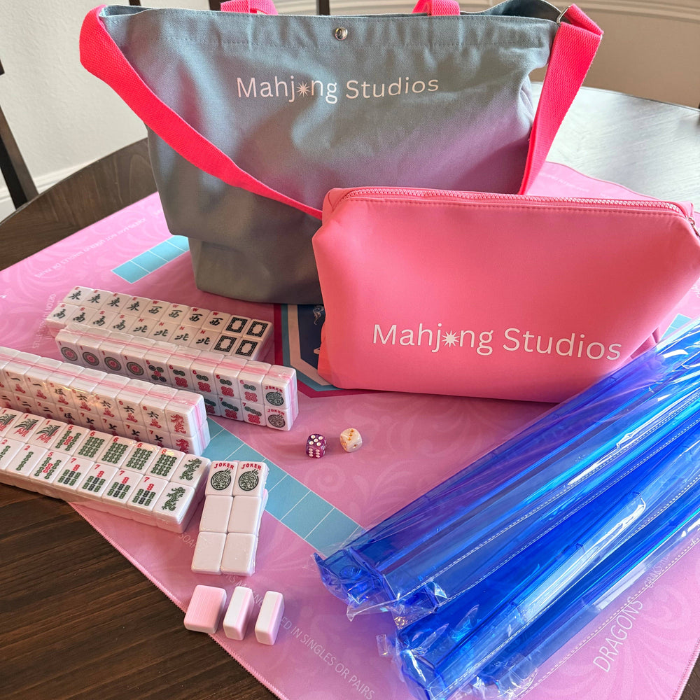 All In One - Mahjong Bundle - American Mahjong Set 166 2-Color Tiles - Pink Tiles and Mat