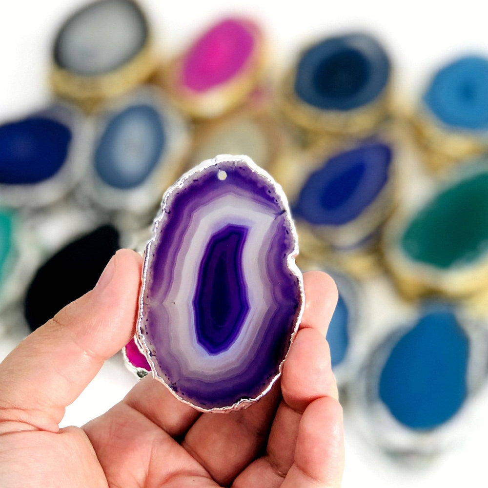 Crystal Agate Slice Plated Edge Top Drilled  (3BROWNSHELF)