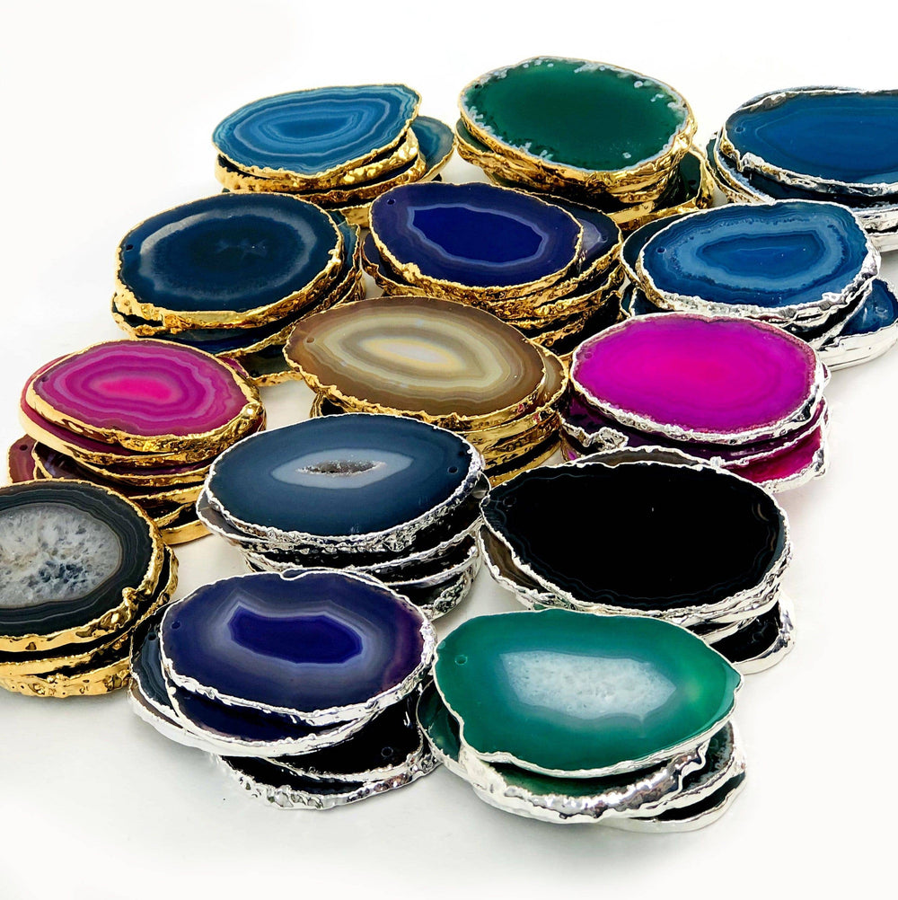Crystal Agate Slice Plated Edge Top Drilled  (3BROWNSHELF)