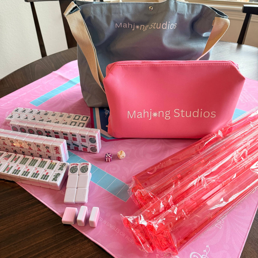 All In One - Mahjong Bundle - American Mahjong Set 166 Tiles - Blue & Tan Bag Pink Mat 2-color Pink Tiles