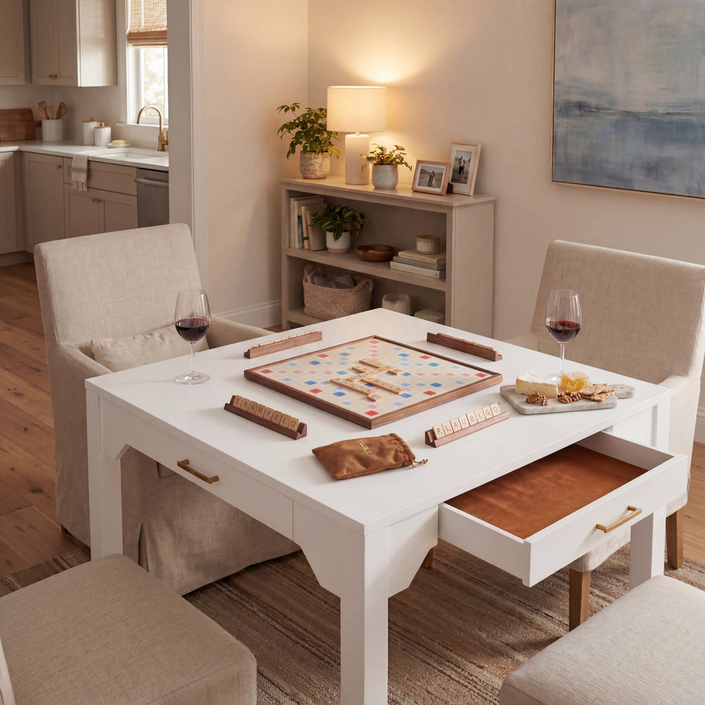 Annadale White Dining or Mahjong Table with Storage Drawer