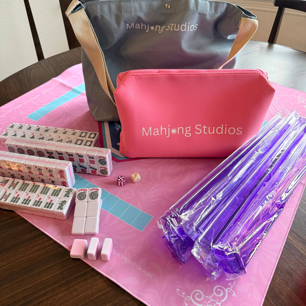 All In One - Mahjong Bundle - American Mahjong Set 166 Tiles - Blue & Tan Bag Pink Mat 2-color Pink Tiles