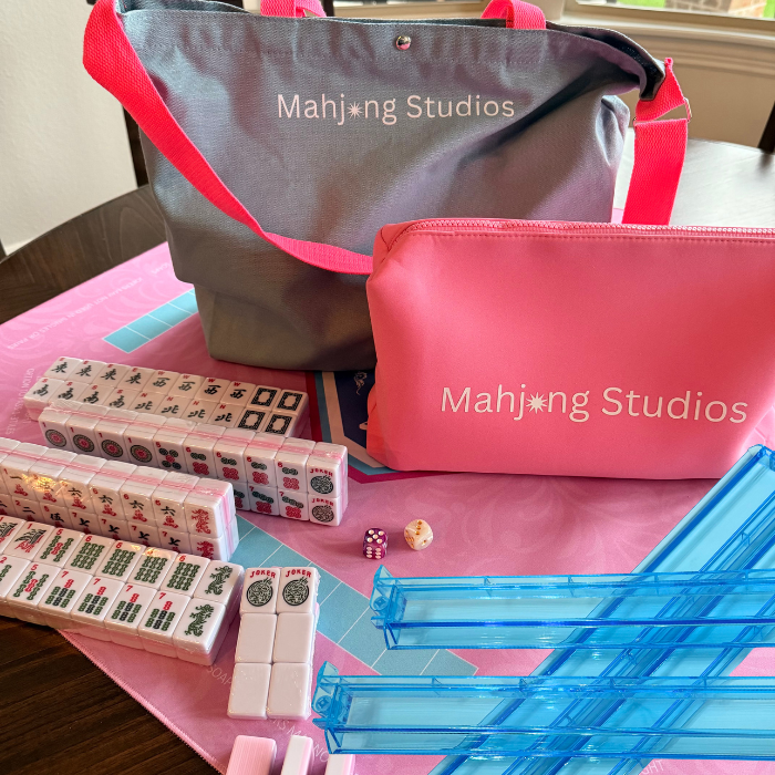 All In One - Mahjong Bundle - American Mahjong Set 166 2-Color Tiles - Pink Tiles and Mat