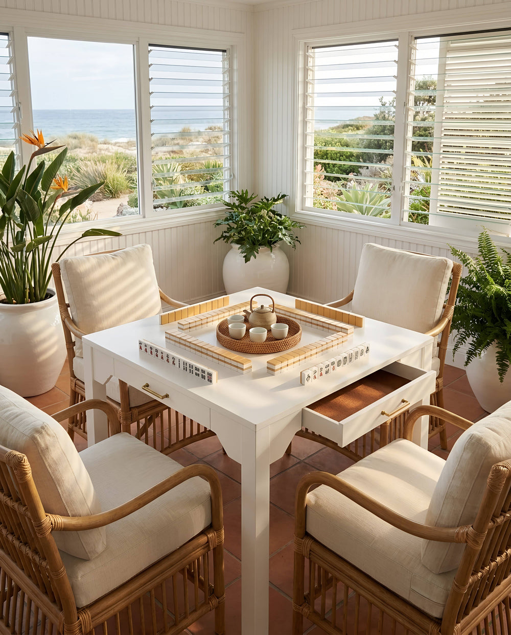 Annadale White Dining or Mahjong Table with Storage Drawer