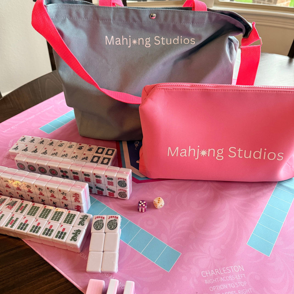 All In One - Mahjong Bundle - American Mahjong Set 166 2-Color Tiles - Pink Tiles and Mat