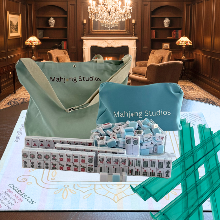 American Mahjong Set 166 Tiles Bundle - Green Bag Pastel Mat 2-color blue tiles