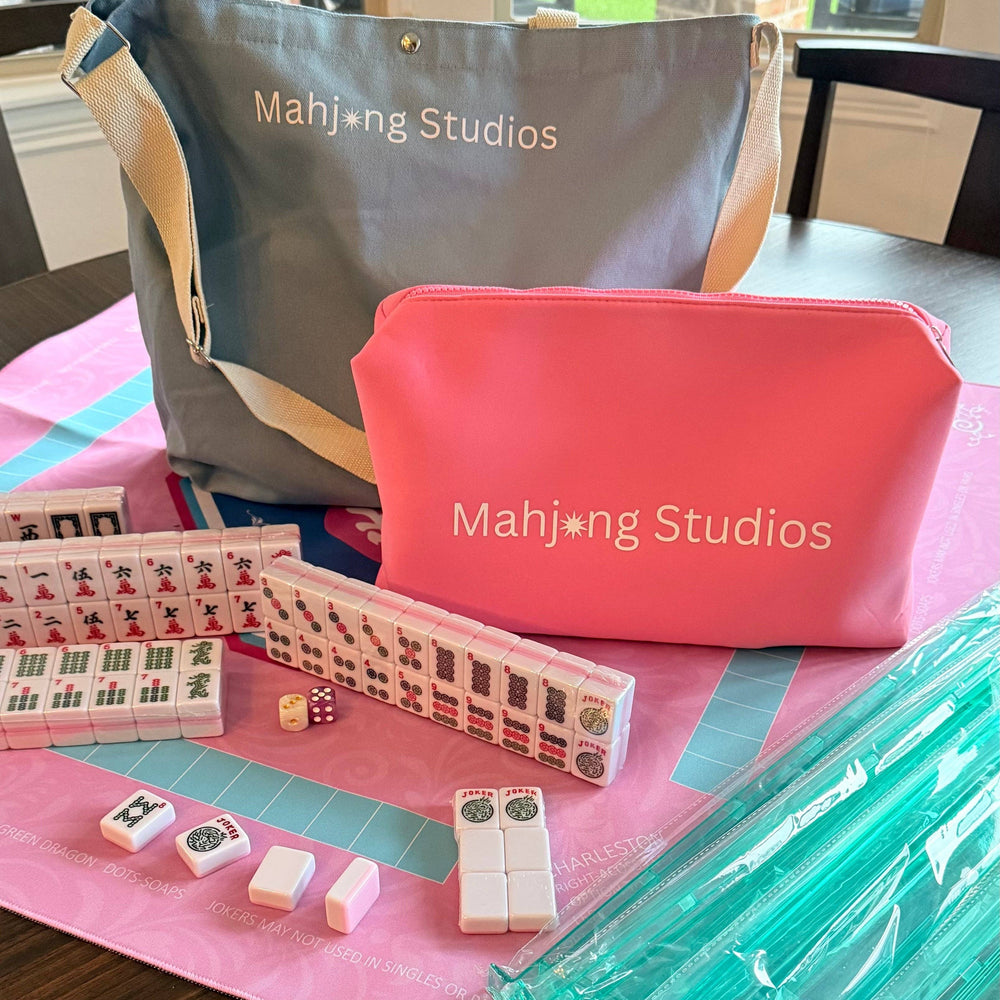 All In One - Mahjong Bundle - American Mahjong Set 166 Tiles - Blue & Tan Bag Pink Mat 2-color Pink Tiles