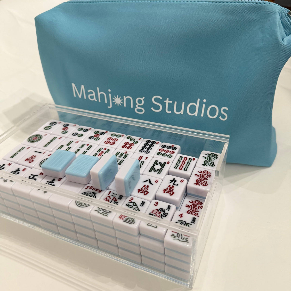 American Mahjong Set 166 Tiles Bundle - Green Bag Pastel Mat 2-color blue tiles