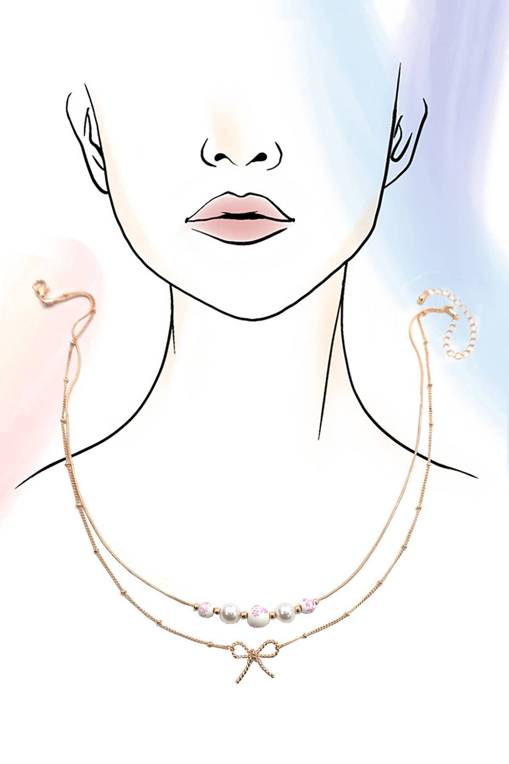 PINK CERAMIC PORCELAIN PEARL BOW LAYER NECKLACE