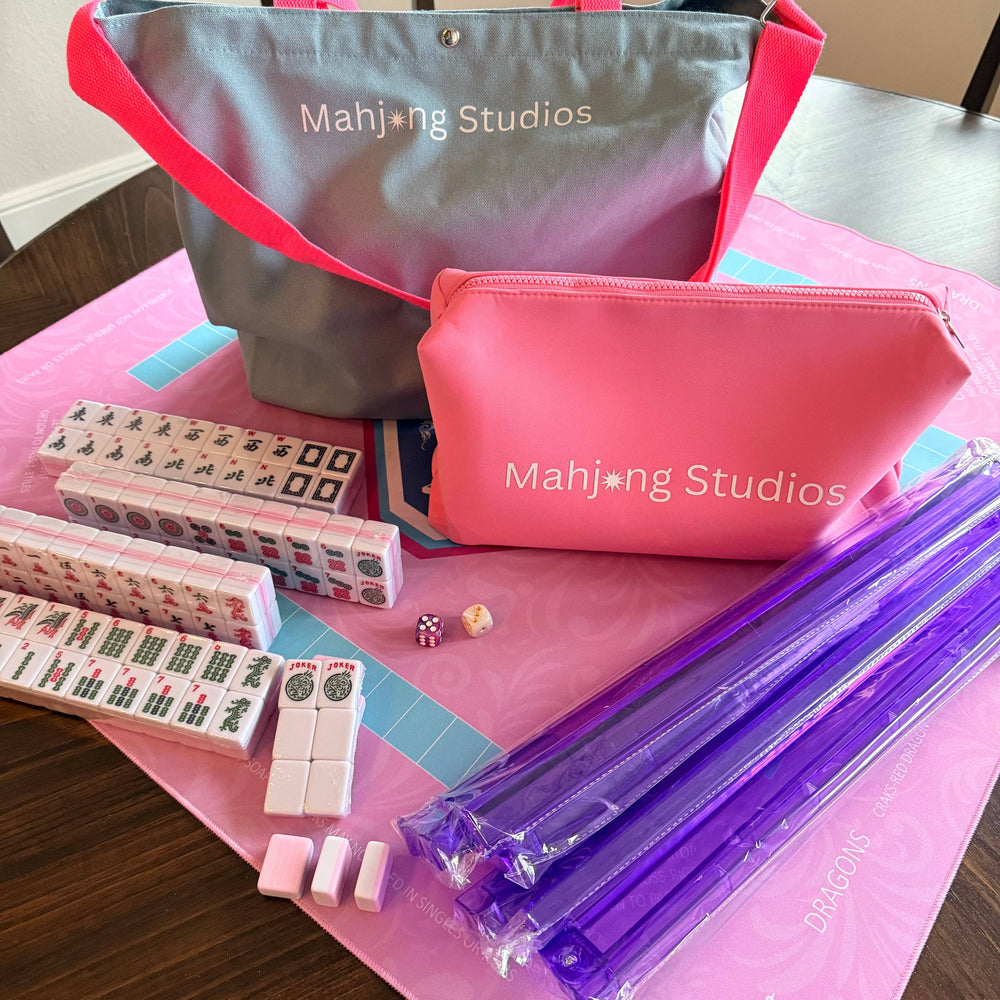 All In One - Mahjong Bundle - American Mahjong Set 166 2-Color Tiles - Pink Tiles and Mat