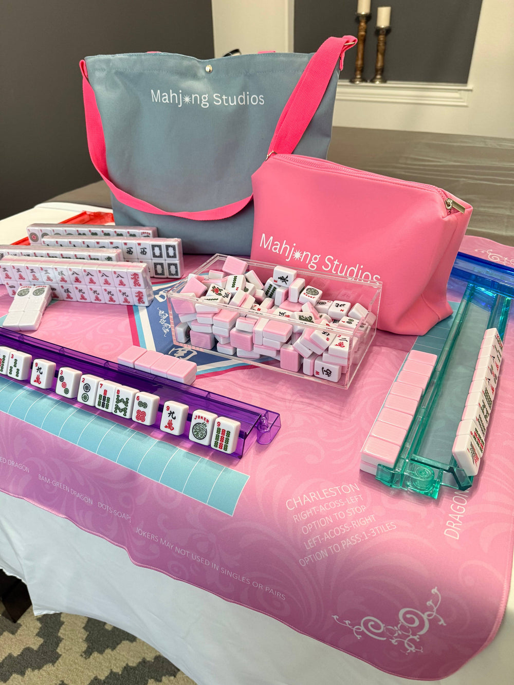 All In One - Mahjong Bundle - American Mahjong Set 166 2-Color Tiles - Pink Tiles and Mat