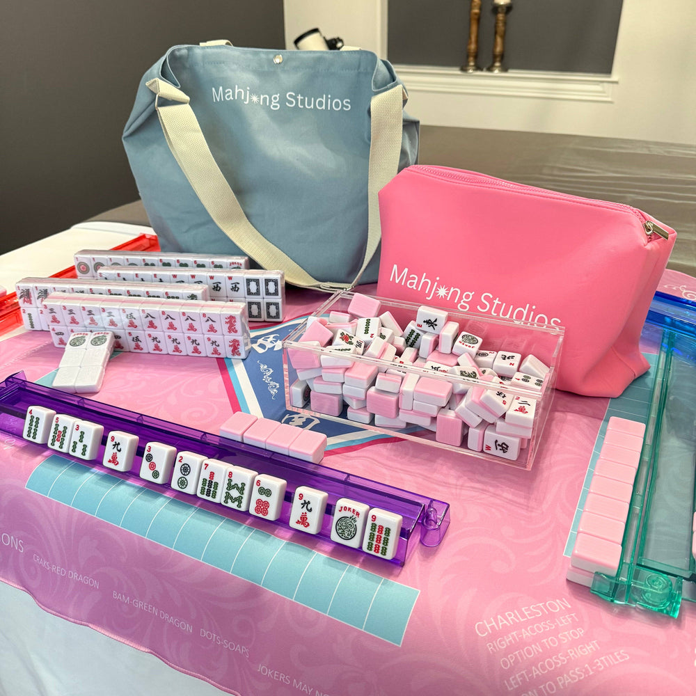 All In One - Mahjong Bundle - American Mahjong Set 166 Tiles - Blue & Tan Bag Pink Mat 2-color Pink Tiles