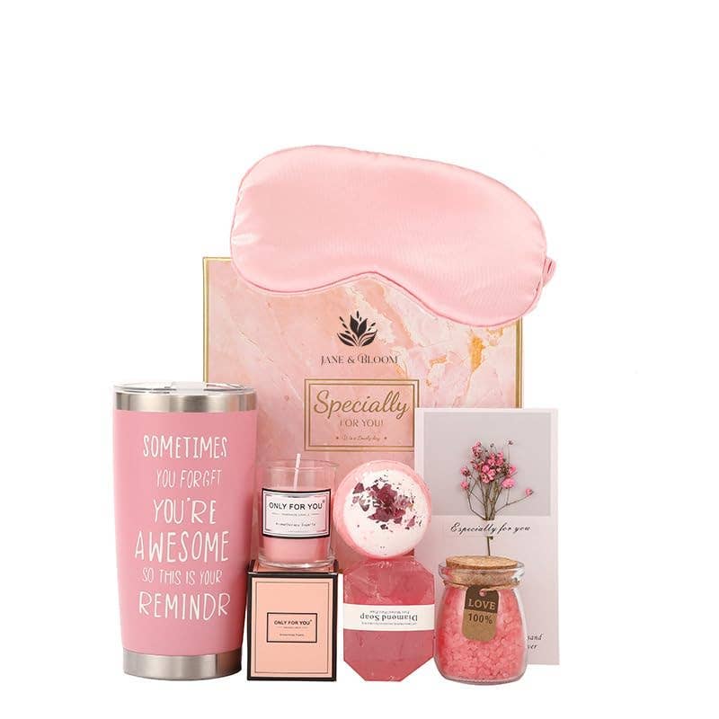 Spa Gift Set for Women, 6-Piece Pink Collection with Bath Bomb, Bath Salt, Candle, Diamond Soap, Thermal Mug and Gift Card