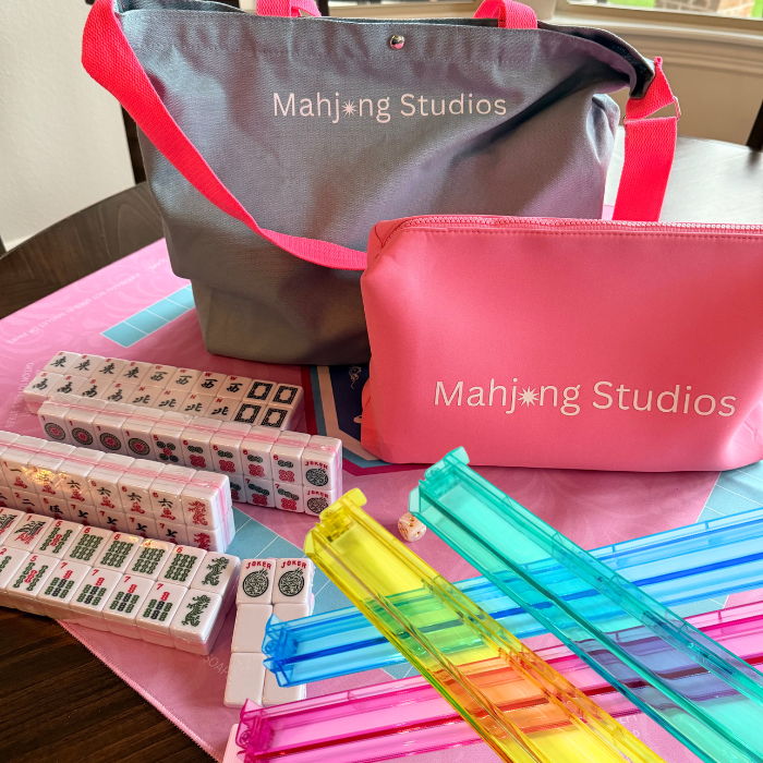 All In One - Mahjong Bundle - American Mahjong Set 166 2-Color Tiles - Pink Tiles and Mat