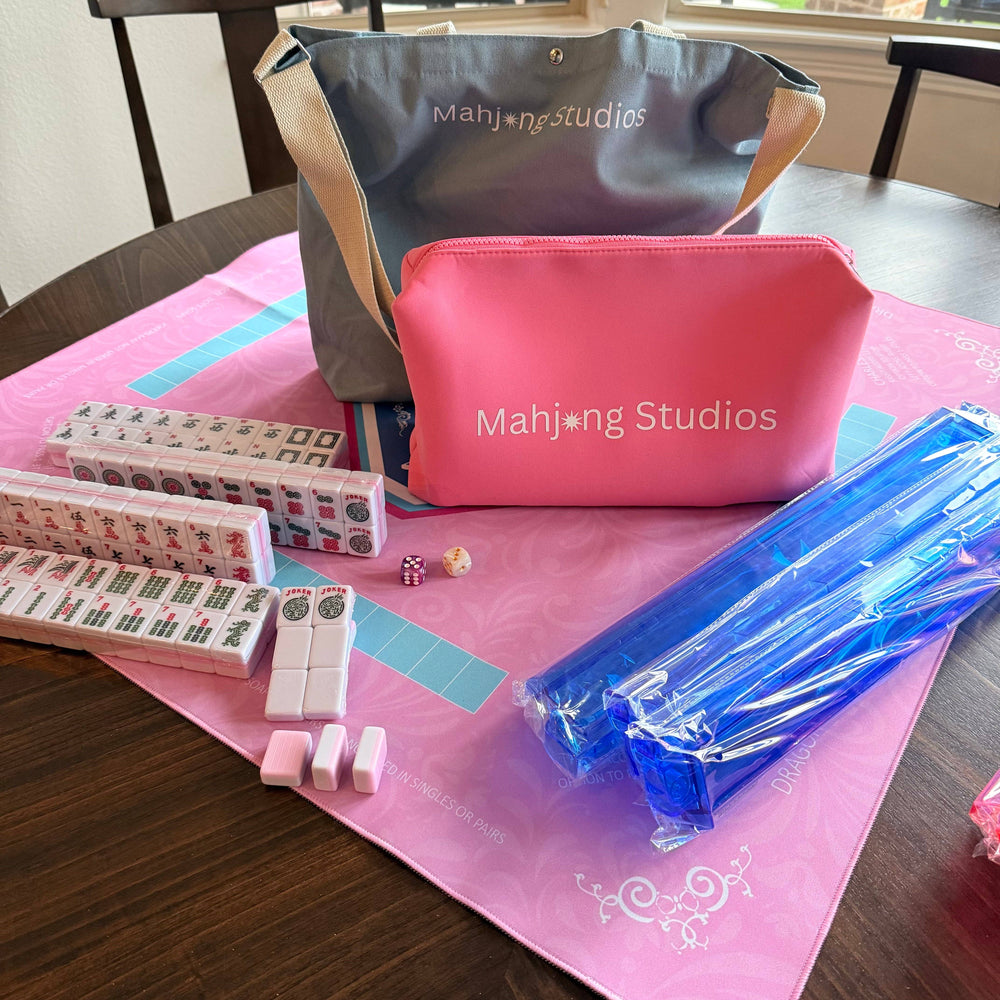 All In One - Mahjong Bundle - American Mahjong Set 166 Tiles - Blue & Tan Bag Pink Mat 2-color Pink Tiles