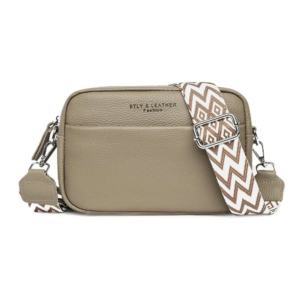 Crossbody Bag for Women Genuine Leather Wide Strap Shoulder Bag Purse Trendy Design Camera Crossbody Purse Top Zip